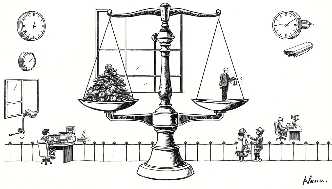 A scale weighs a pile of cheap coins against a tired night watchman while machines keep working after hours, showing oversight now outweighs model price.