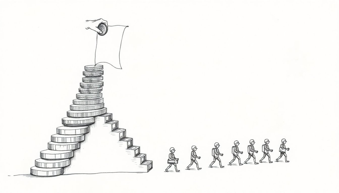 Coins tumble down a collapsing staircase while identical clockwork figures march outward, suggesting model prices crashing as autonomous agents spread out to work alone.