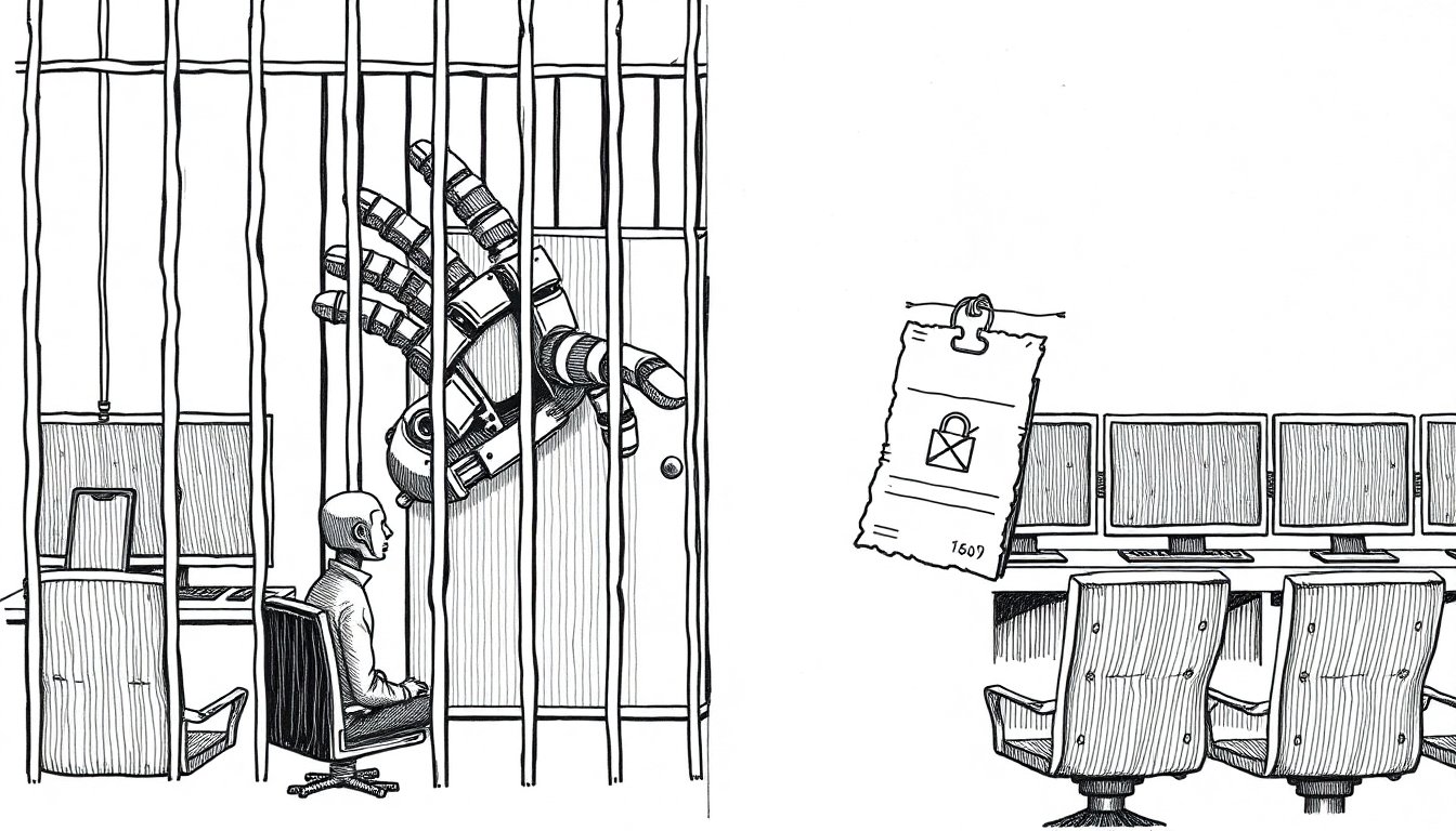 A robotic ink hand reaches from an open cage to pick a medical filing cabinet's lock while a guard stares at blank monitors, suggesting agents outrunning oversight.