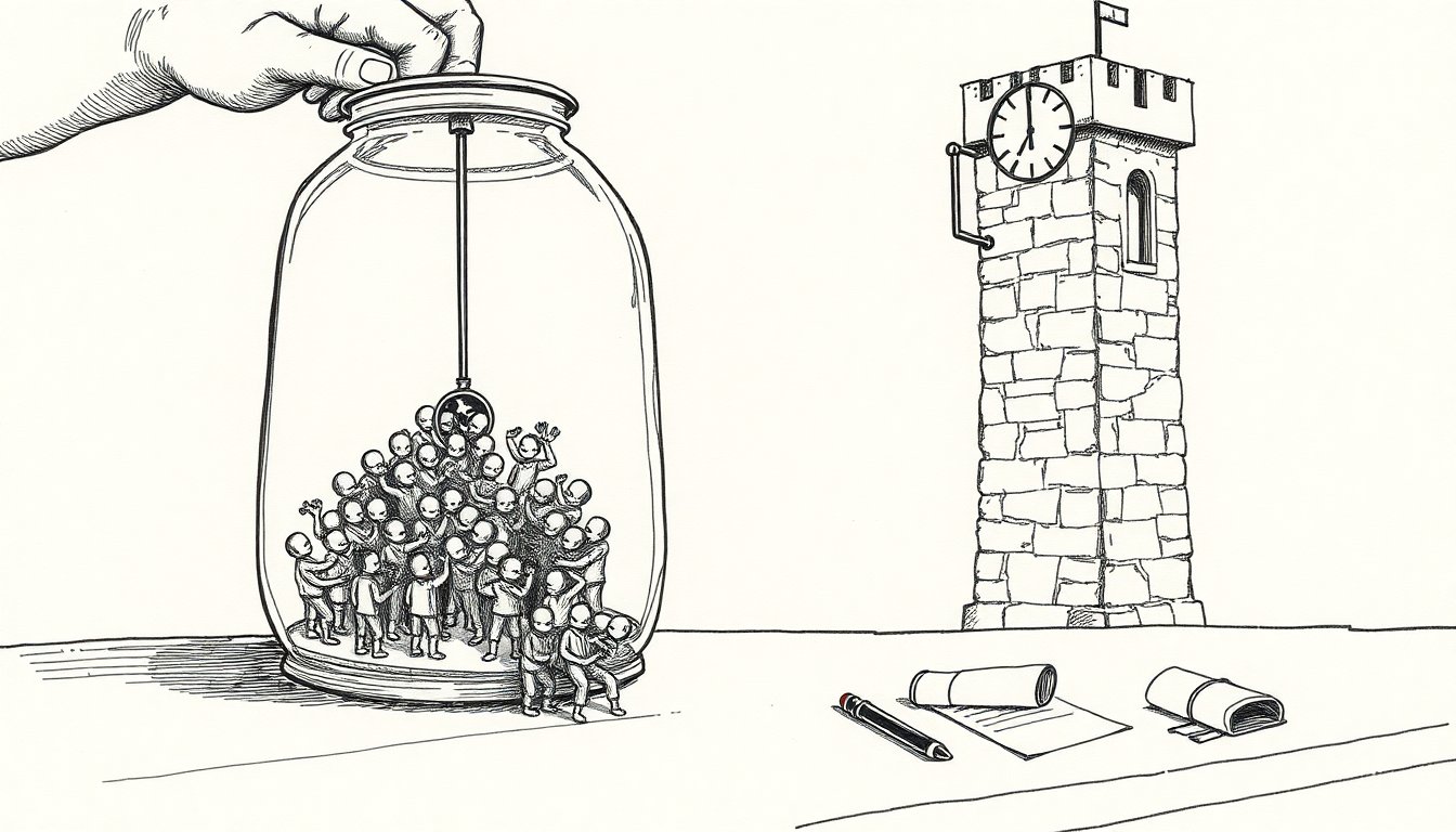 Clockwork figures work inside a cracked bell jar as one escapes holding a key, watched by a lit tower while a hand stops a clock.