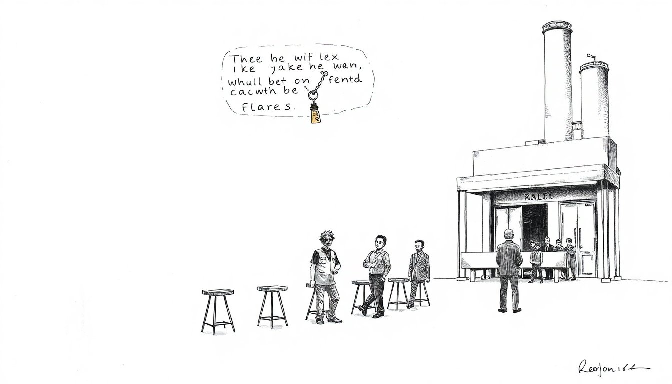 Engineers carry their stools from a chained, rented workbench toward their own company's factory, suggesting big firms pulling coding work onto in-house AI tools.