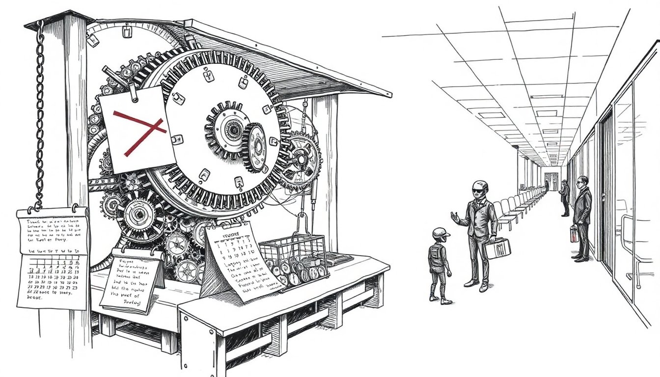 A giant gear machine sells for coins while a stamp marks text and a robot shopper shows ID, hinting at cheaper models and new rules.