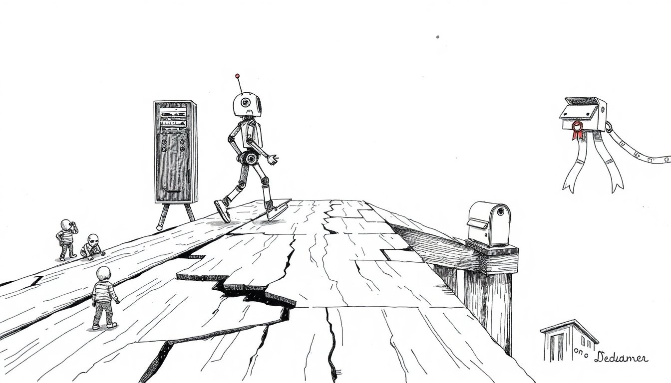 A small robot crosses a cracked plank bridge while hooded figures pry at the gaps, suggesting AI agents running on insecure infrastructure.