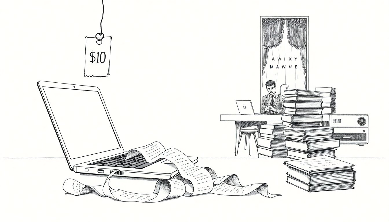 A tiny price tag dangles over a laptop spewing a long receipt while a young lawyer stares at a blank notepad beside finished drafts.