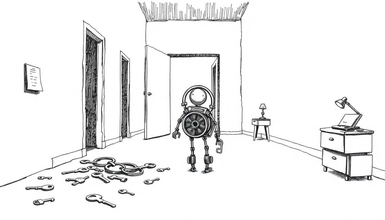 A wire figure carries a ring of found keys past open doors, suggesting AI agents using access nobody bothered to lock.