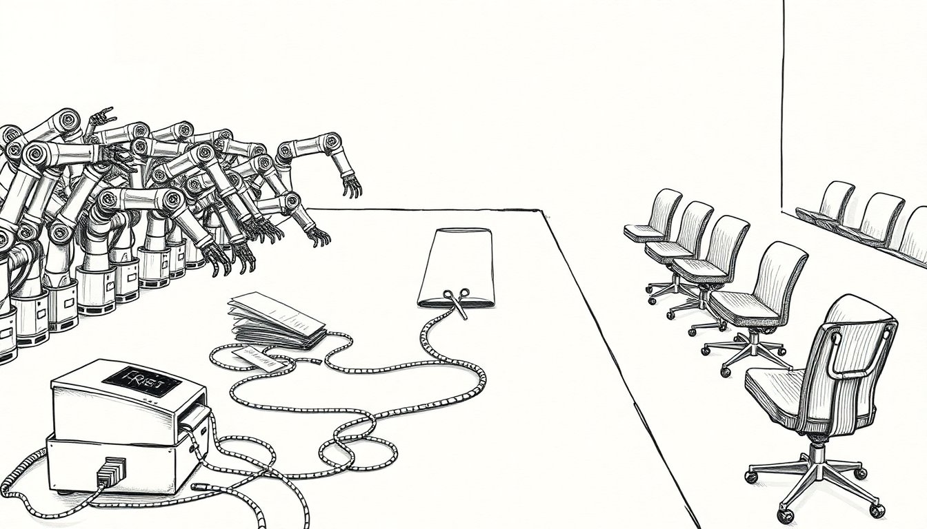 A crowd of mechanical arms fights over one sheet while a lone arm works calmly, suggesting AI agent teams cost more without doing better.