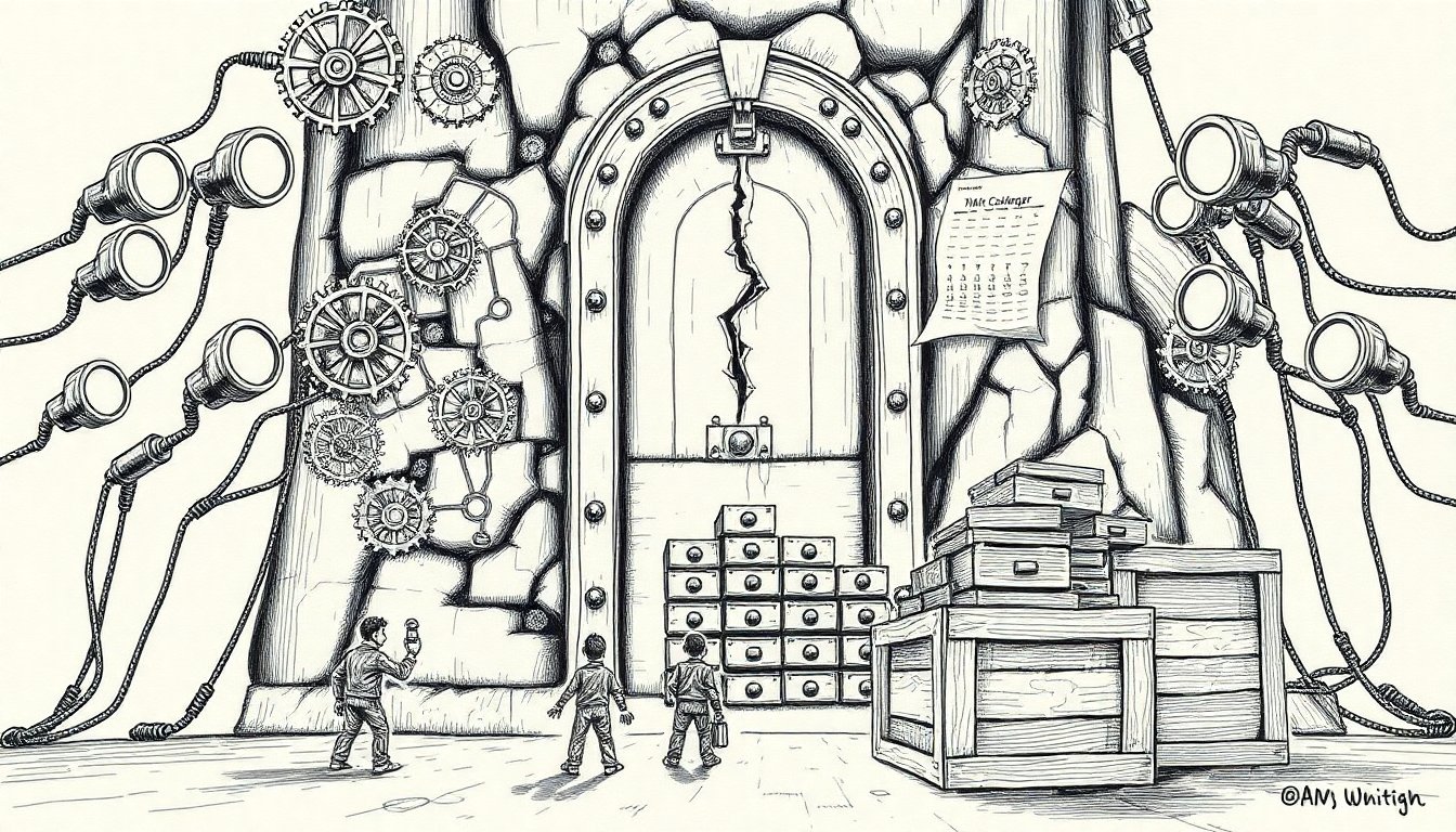 Mechanical magnifying lenses probe cracks in an old stone vault while small figures pile up pulled drawers, suggesting AI reviewers finding flaws faster than people can fix them.