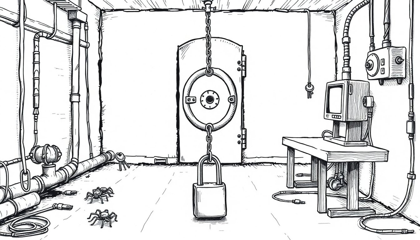 Small mechanical agents crawl along exposed pipes toward a ring of keys while a sealed vault stands untouched, showing that AI risk moved to credentials.