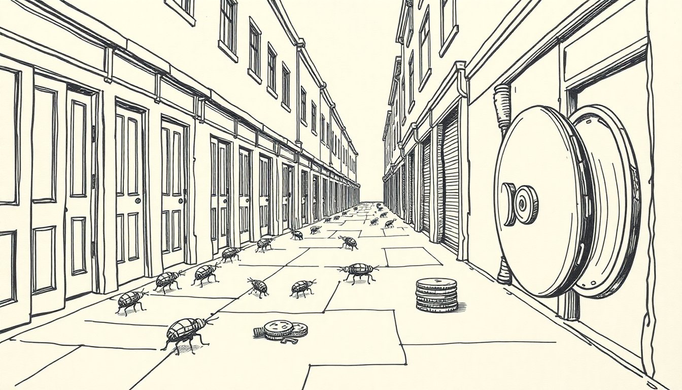 A swarm of mechanical insects picks padlocks on a row of shop doors while a bank vault shuts, showing cheap AI agents breaking into websites.