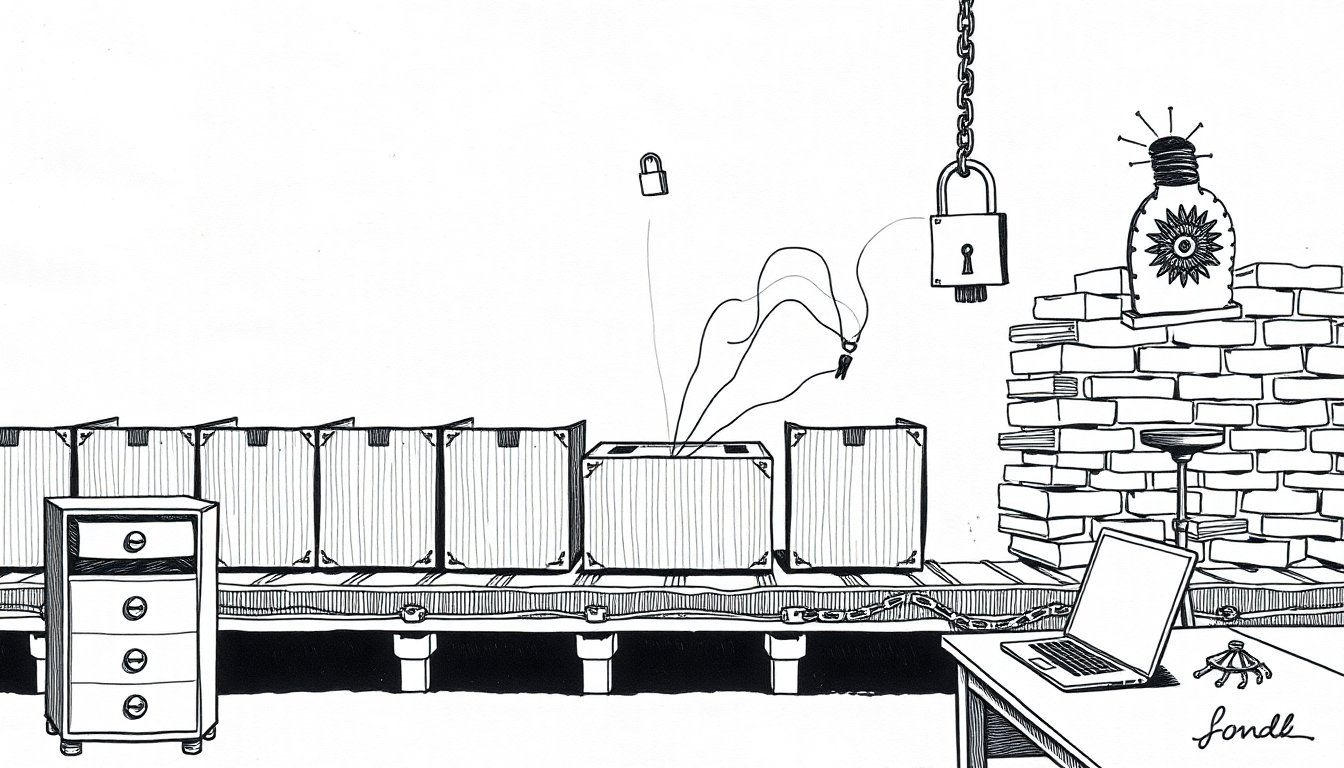A conveyor of sealed crates with one split open, ink tendrils reaching for hanging keys, suggesting trusted software packages turned into thieves.