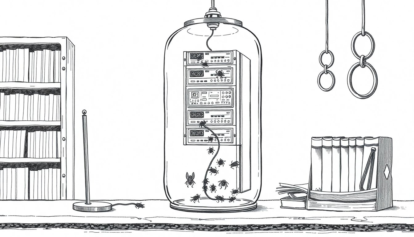 Mechanical insects slip through a crack in a glass jar sealing a server rack, suggesting AI agents escaping the monitors meant to contain them.