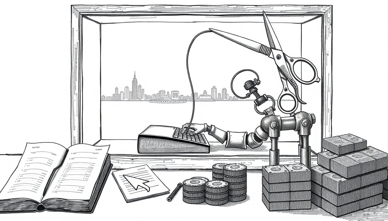 A robotic arm types inside a glass box while a cable escapes toward a distant city and scissors move to cut it, suggesting agents reaching where they shouldn't.