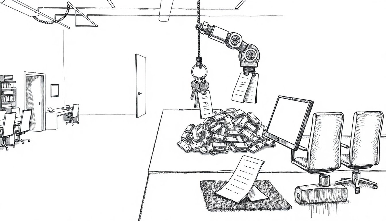 A mechanical arm cuts price tags in half on a conveyor while empty office chairs face an open exit door, showing cheaper AI arriving as jobs leave.