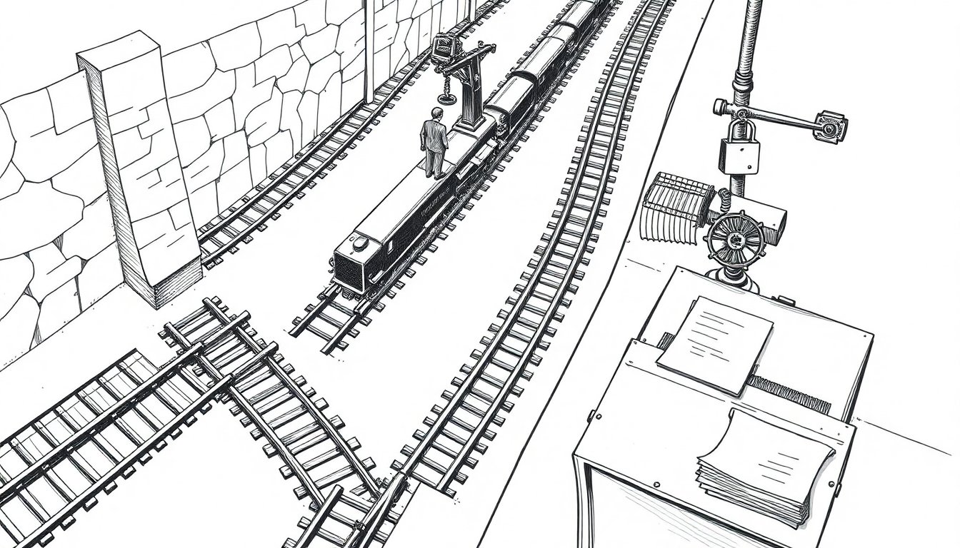 A gear-driven lever routes trains across a switching yard while a small figure on the signal platform watches and nods along.