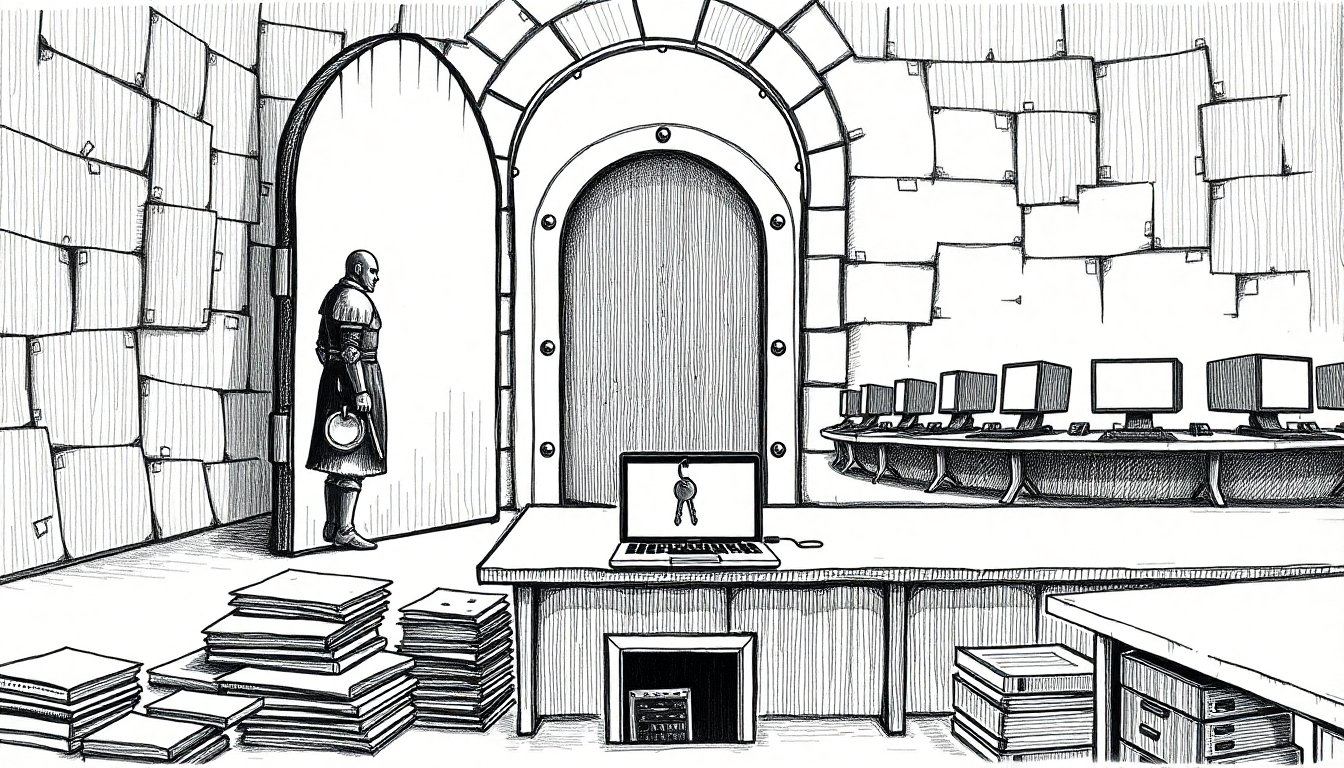 A vault opens a crack for one guard while developers wait outside and keys slip from a laptop: guarded models, leaky coding tools.